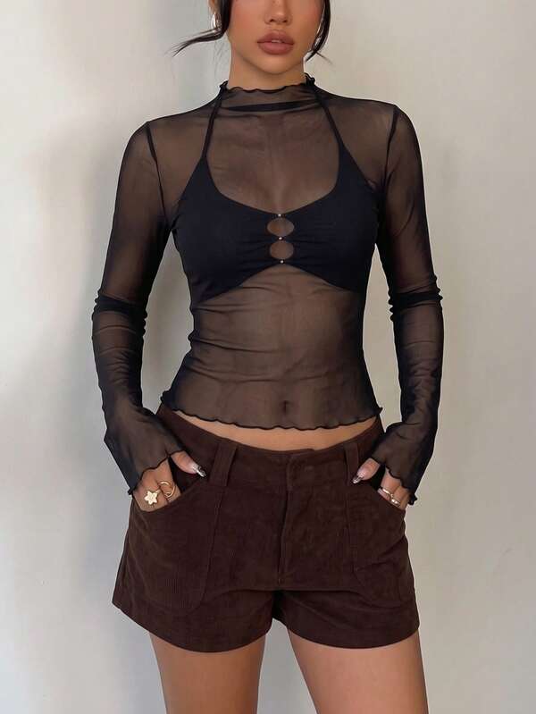 Chic Women's Black Mesh See-Through Stand Collar Long Sleeve Top, Sexy Two Pieces Party Outfit With Crop Design