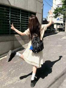 韓式復古波點蕾絲飾邊拼接迷你裙（隨機波點） - 杏色 - 查看 5