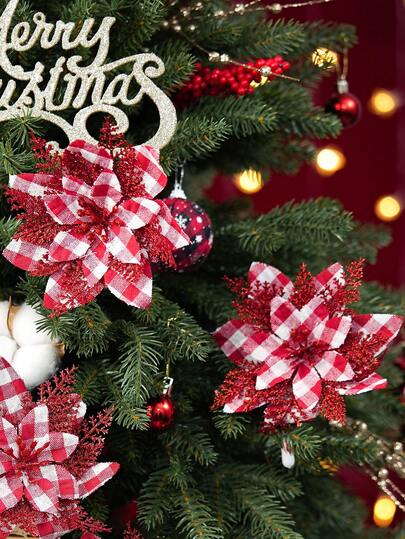 1/10 Adet Kırmızı Beyaz Pötikare Jüt Poinsettia Timsah Klips, Altın Simli Çam Çiçekli Süs Çubukları, Noel Ağacı Çelengi ve Garland DIY Düzenleme İçin, Yeni Yıl, Bağımsızlık Günü, Düğün, Doğum Günü, Masa, Pencere ve Şömine Ev Dekoru İçin Çiftlik Evi Tarzı Rustik Süsler