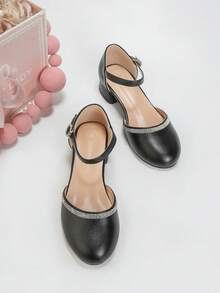 Girls' 30-37 Size Pointed Toe Rhinestone Hollow Ankle Strap Chunky Heel Pumps, New Fashion Party Wedding Style Solid Color Princess Shoes - Black - View 8