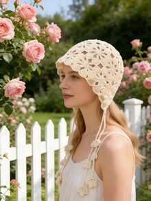 1pc Women's Spring/Summer Handmade Knitted Mesh Hollow Coin Flower Design Elegant Breathable Thin Knit Hat - A - View 3