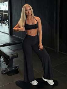 Women Fall Winter Crisscross Waist Wide Leg Yoga Pants, Tummy Control & Butt Lift, Buttery Soft Non-See Through Slim Stretch Pants For Gym Daily Wear - Black - View 5