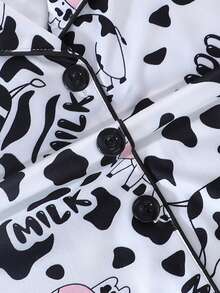 2pcs/Set Tween Girl Cute Casual Cartoon Cow Print Polo Collar Short Sleeve Cardigan And Shorts Pajama Set, Flame Retardant, Suitable For Boys And Girls - Multicolor - View 6
