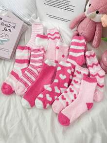 1/3/5 Pairs Women's Pink Heart Stripe Wave Print Fuzzy Coral Fleece Soft Warm Mid-Calf Socks, Indoor Home Loungewear Sleepwear, Autumn Winter Christmas - Pink - View 1