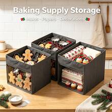 1pc Square Foldable Christmas Storage Cube Bin With Clear Front Visible Window Fabric Holiday Organizer Basket For Xmas Ornaments Ribbons Baking Supplies Party Props Kids Toys Books Media Discs - Multicolor - View 1