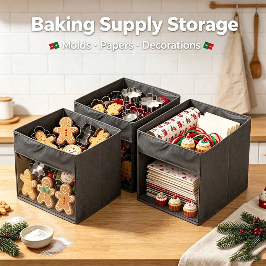 1pc Square Foldable Christmas Storage Cube Bin With Clear Front Visible Window Fabric Holiday Organizer Basket For Xmas Ornaments Ribbons Baking Supplies Party Props Kids Toys Books Media Discs - Multicolor - View 1