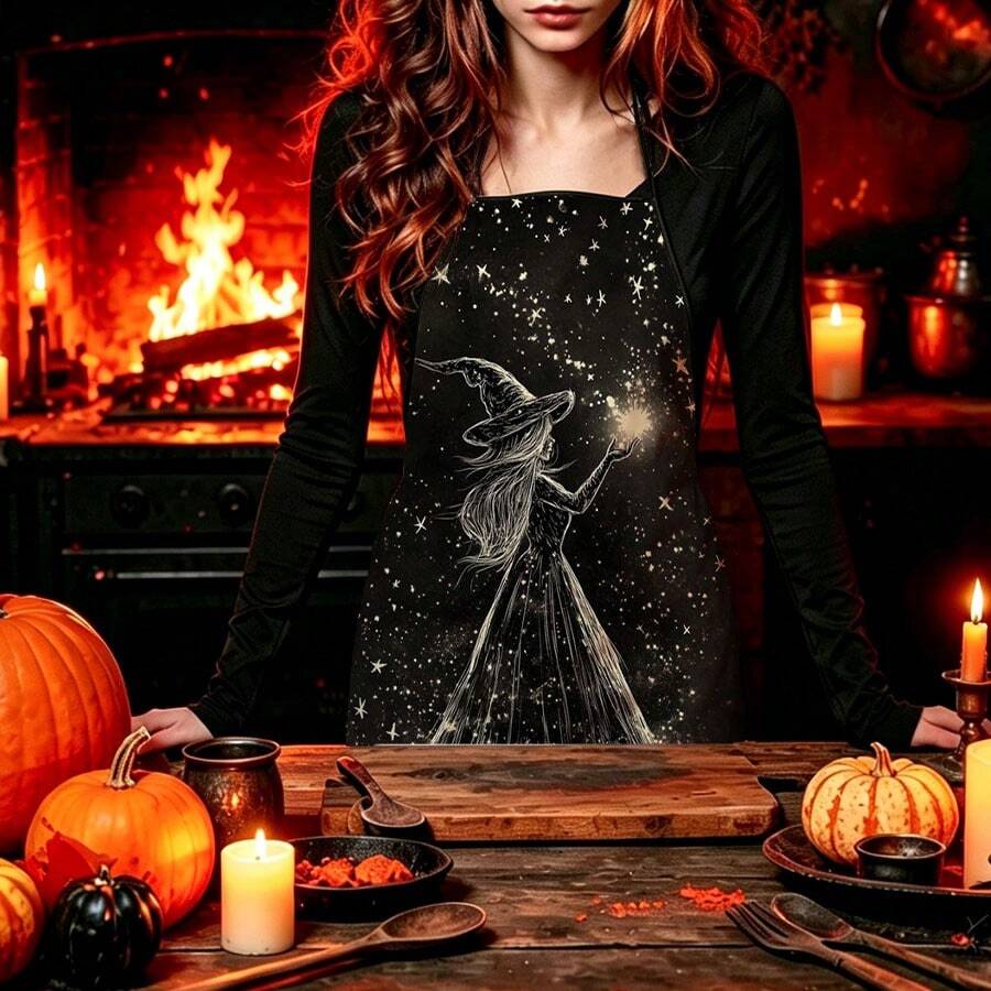 1pc Halloween Starry Sky Witch Print Apron, Featuring Pointed Hat Starry Magic Witch Pattern, Durable Cooking Apron Suitable For Bakers, Cake Decorators, BBQ Enthusiasts, Gardeners, Painters, Nail Artists - Perfect Gift For Home And Professional Chefs - Multicolor - View 1