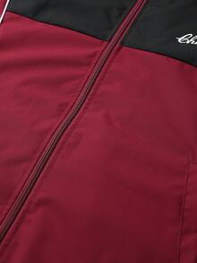 Men's American Retro Colorblock Stand Collar Windbreaker Jacket, Contrast Split Line Design, Spring/Autumn Casual Commute Sports Versatile Zip-Up Jacket - Red - View 5