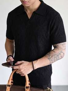 Men's Neutral Polo Collar Knit Top, Casual Business Commute Short Sleeve Loose Pullover T-Shirt, Spring/Summer - Black - View 3