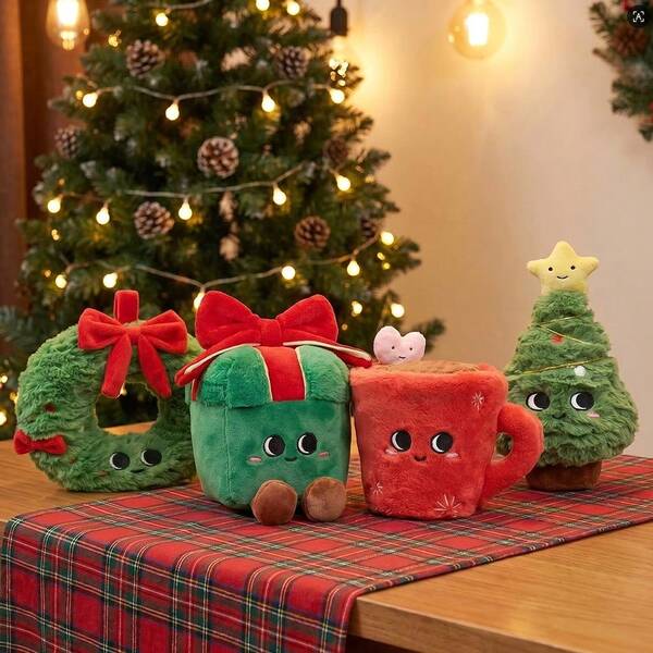 Kawaii Christmas Stuffed Plush Doll Christmas Wreath Gift Box Hot Chocolate Cup Tree Soft Toy Holiday Decor Gift