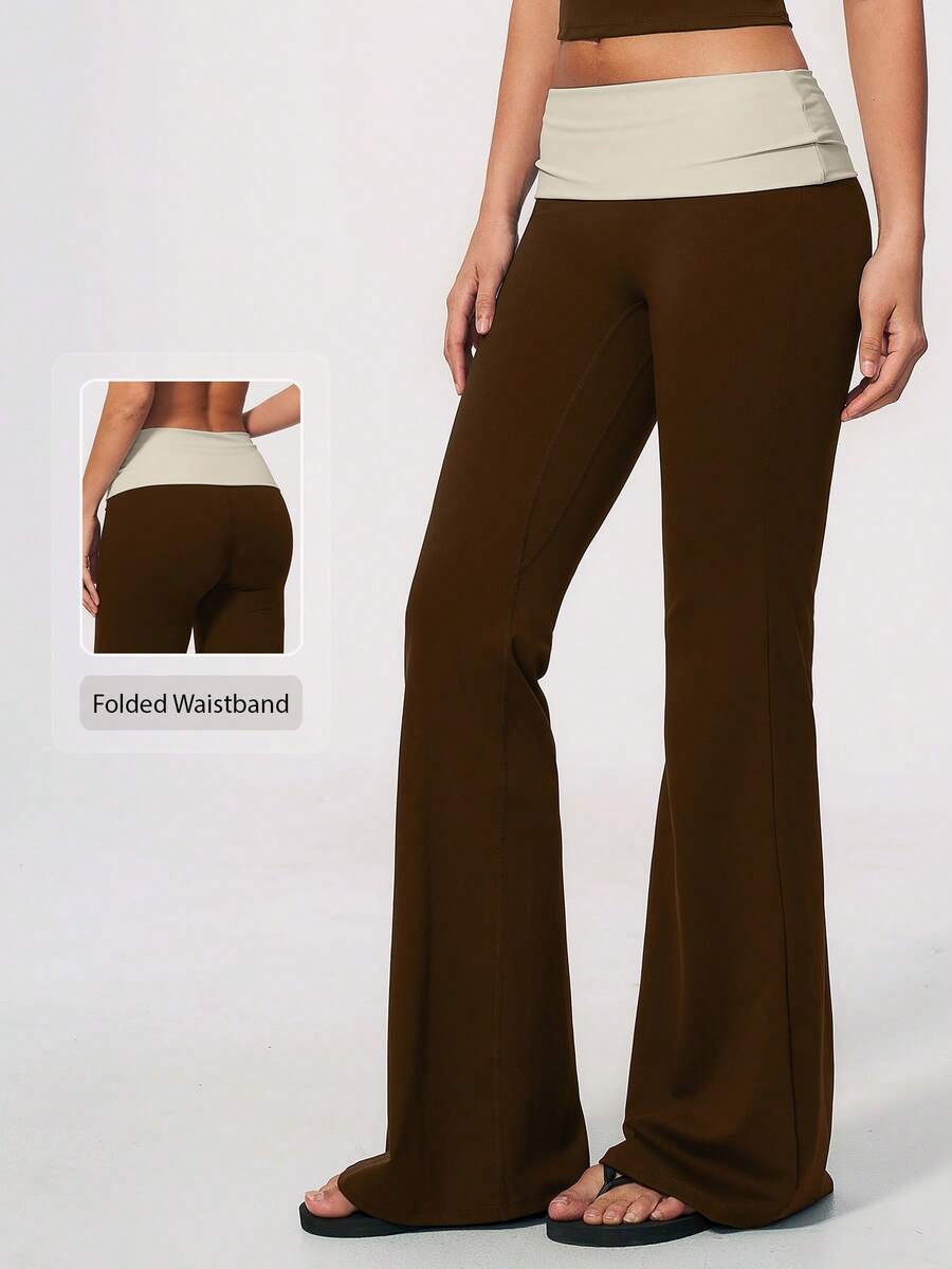 NcmRyu Women's 1pc Colorblock Folded High Waist Yoga Pants For Running And Gym, Flared Leg - Coffee Brown - View 1