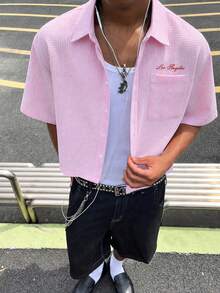 男士夏季休閒純色印花短袖襯衫，度假熱帶海灘風襯衫 - 粉色 - 查看 5
