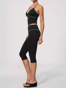 NcmRyu Women's One Set Contrast Color White Line Spaghetti Strap V-Neck Y-Back Tank Top & Butt-Lifting Mid-Length Shorts Sports Set - Black - View 7