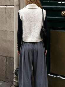 Women's Autumn/Winter Fuzzy Knit Cardigan Vest With Lapel Collar, Minimalist Casual Versatile Top - White - View 4