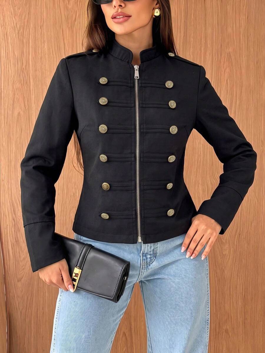 Women's Autumn Black Stand Collar Double-Breasted Metal Button Short Jacket Vintage Zipper Commuter Jacket - Black - View 1
