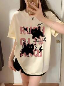 日系女式宽松休闲圆领字母卡通猫印花短袖T恤，春夏百搭 - 杏色 - 查看 2