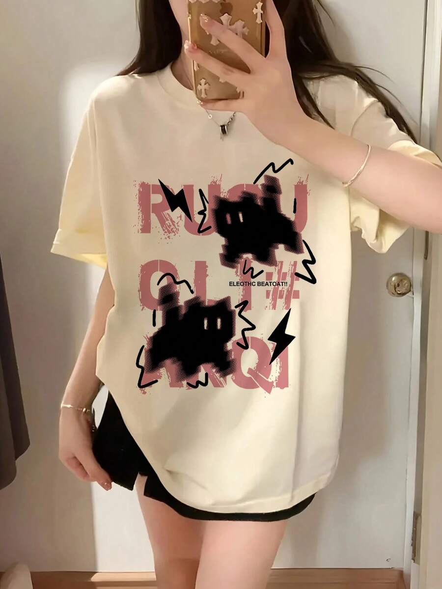 Japanese Style Women's Loose Casual Round Neck Letter & Cartoon Cat Print Short Sleeve T-Shirt, Versatile For Spring/Summer - Apricot - View 1