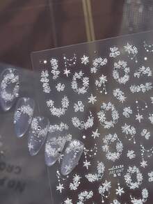 1 Crystal Diamond 3D White Flower Nail Sticker, Snowflake Pearl Chain Embossed Nail Charm Sticker, Elegant White Flower Nail Art Decoration - Multicolor - View 3