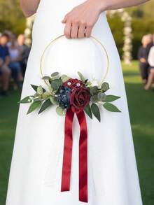 1Pc Gold Hoop Wedding Bouquet With Artificial Roses&Eucalyptus, Satin Ribbon Lace, Bridesmaid Circle Flower Hoop For Wedding Ceremony Photo Prop - Multicolor - View 2