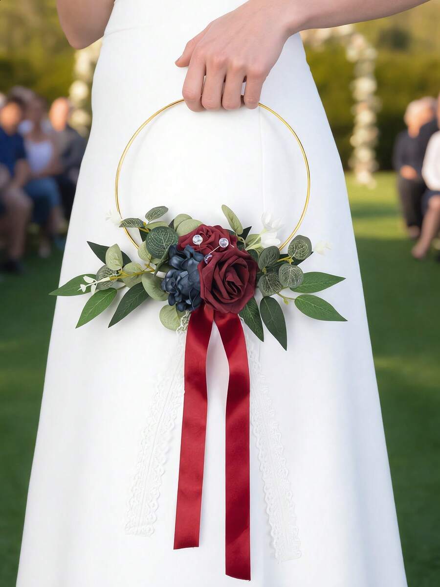 1Pc Gold Hoop Wedding Bouquet With Artificial Roses&Eucalyptus, Satin Ribbon Lace, Bridesmaid Circle Flower Hoop For Wedding Ceremony Photo Prop
