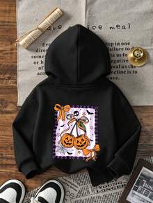 Girls' Halloween Pattern Hooded Sweatshirt, Cute Pumpkin Bow Skull Bat Spider Web Print Long Sleeve Pullover Sweatshirt, Suitable For Autumn Daily Wear - Black - View 4