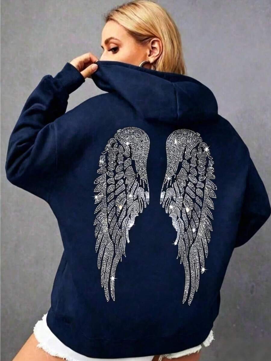 Women's Oversized Angel Wings Print Hoodie - Black Y2K Back Graphic Pullover, Fall Winter Streetwear , Comfy Oversized Silhouette2026 - 藏青色 - 查看 1