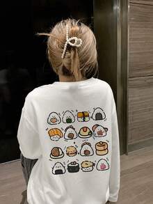 Sweet Casual Round Neck Women's T-Shirt, Cute Sushi Rice Ball Print, Autumn Lazy Versatile Long Sleeve Base Layer White - White - View 3