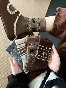 4 Pairs Spring/Autumn Fair Isle INS Vintage Japanese Sweet Fresh Style Versatile Mid-Calf Socks - Multicolor - View 1