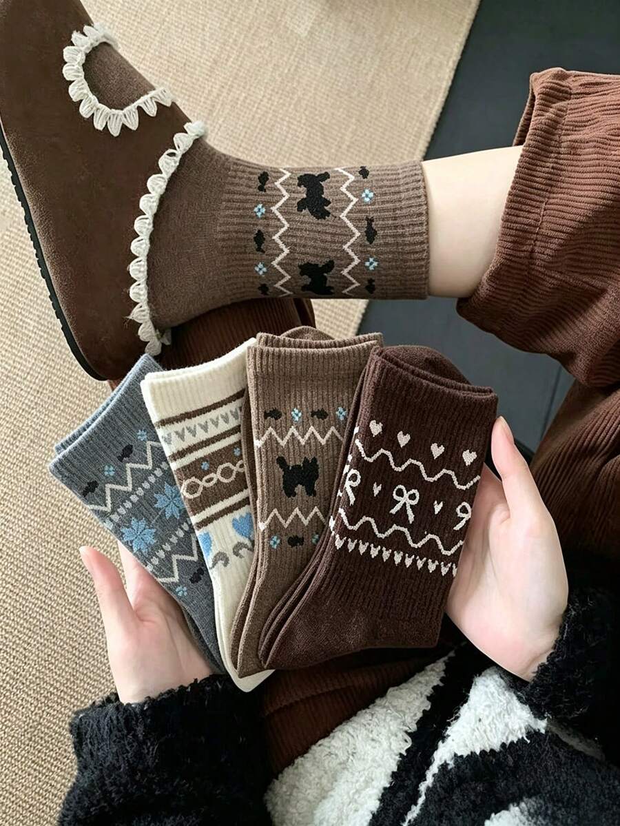 4 Pairs Spring/Autumn Fair Isle INS Vintage Japanese Sweet Fresh Style Versatile Mid-Calf Socks - Multicolor - View 1