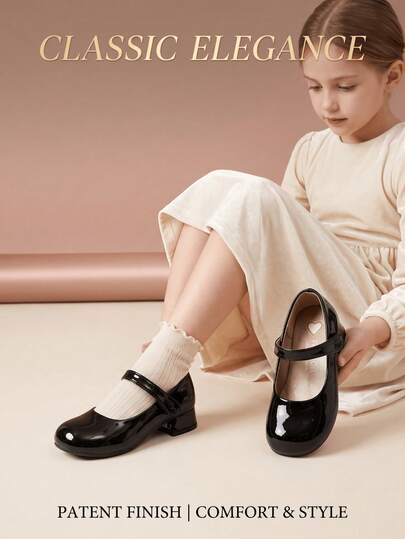 1 Pasang Sepatu Mary Jane Kulit Paten Mengkilap Hitam untuk Anak Perempuan, Sepatu Hak Tinggi Putri yang Elegan, Sepatu Pesta Hak Persegi dengan Tali Perekat, Cocok untuk Anak Perempuan untuk Pesta Pernikahan Musim Semi/Gugur