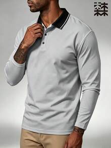 mulinsen Men's Contrast Color Turn-Down Collar Long Sleeve Polo Shirt, Business Casual Button-Up Knit Sports T-Shirt, Spring/Autumn Solid Color - Light Grey - View 3