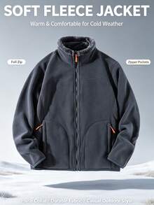 1pc Men's Dark Gray Stand Collar Fleece Jacket, Contrast Zipper Design Thickened Outdoor Hiking Fleece Top, Suitable For Young Men - Dark Grey - View 5