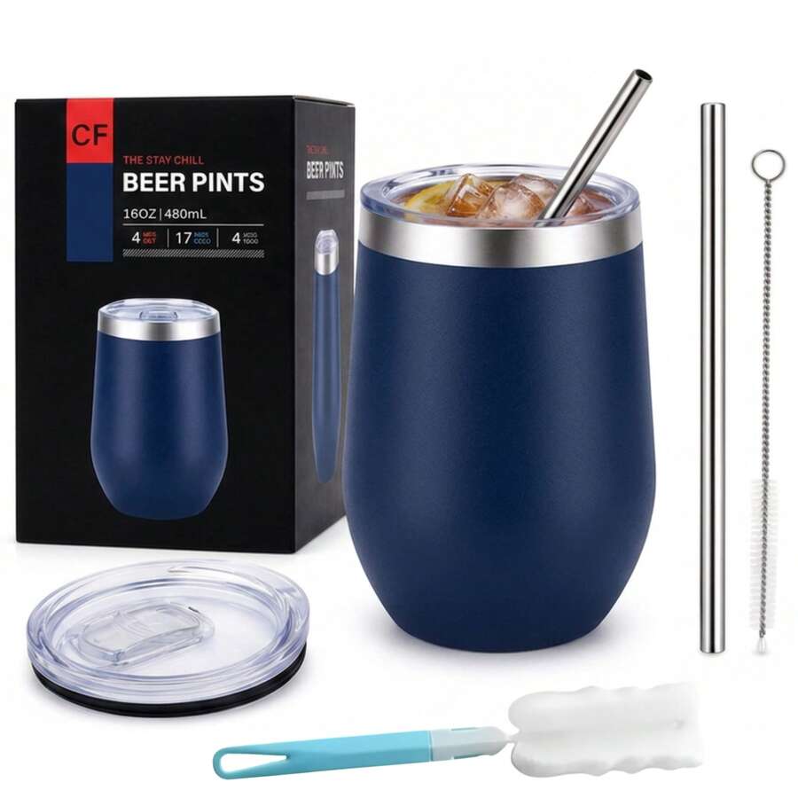 Termo 16oz(480ml) Acero Inoxidable, Antifugas, Incluye Popotes, Cepillo y Esponja, Vaso Termico Para Cerveza, Te Helado, Cafe, Chocolate, Termo Para Bebidas Calientes y Frias - Azul - Ver 1