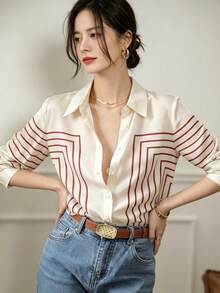 YUXIN Women's Spring/Autumn Geometric Striped Silk Blouse, Long Sleeve Slim Fit Collared Breathable Fashion, Suitable For Office, Light Social Occasions And Casual Wear - Red - View 2
