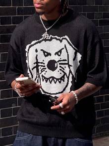 ANDREILEE Men's Mesh Knit Short Sleeve Pullover, Crew Neck Angry Dog Jacquard Graphic Tee, Loose Fit Street Casual Top For Spring Summer - Black - View 1