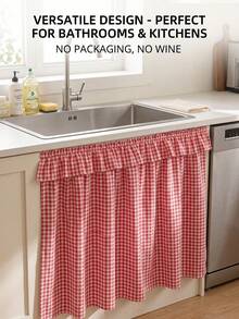 1pc Black And White Plaid Fabric Washable Material Round Basin Skirt With Ruched Hem And Pleated Details, Minimalist Fashion Style, Concealing Washbasin Storage And Decorative Function, Suitable For Bathroom Daily Arrangement And Modern Home Decor - Red - View 4