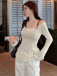 Sweater Wanita Kasual Musim Semi/Gugur Warna Polos dengan Detail Sobek dan Potongan Longgar, Kerah Bulat - Aprikot - View 5
