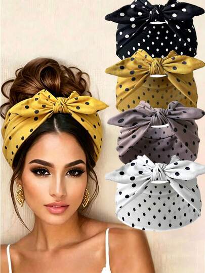 4-Piece Polka Dot Bunny Ear Headband Set, Wide-Brim Tied Scarf, Elastic Bow Hair Tie, Cute Women's Hair Accessories, Autumn Winter Vacation Style