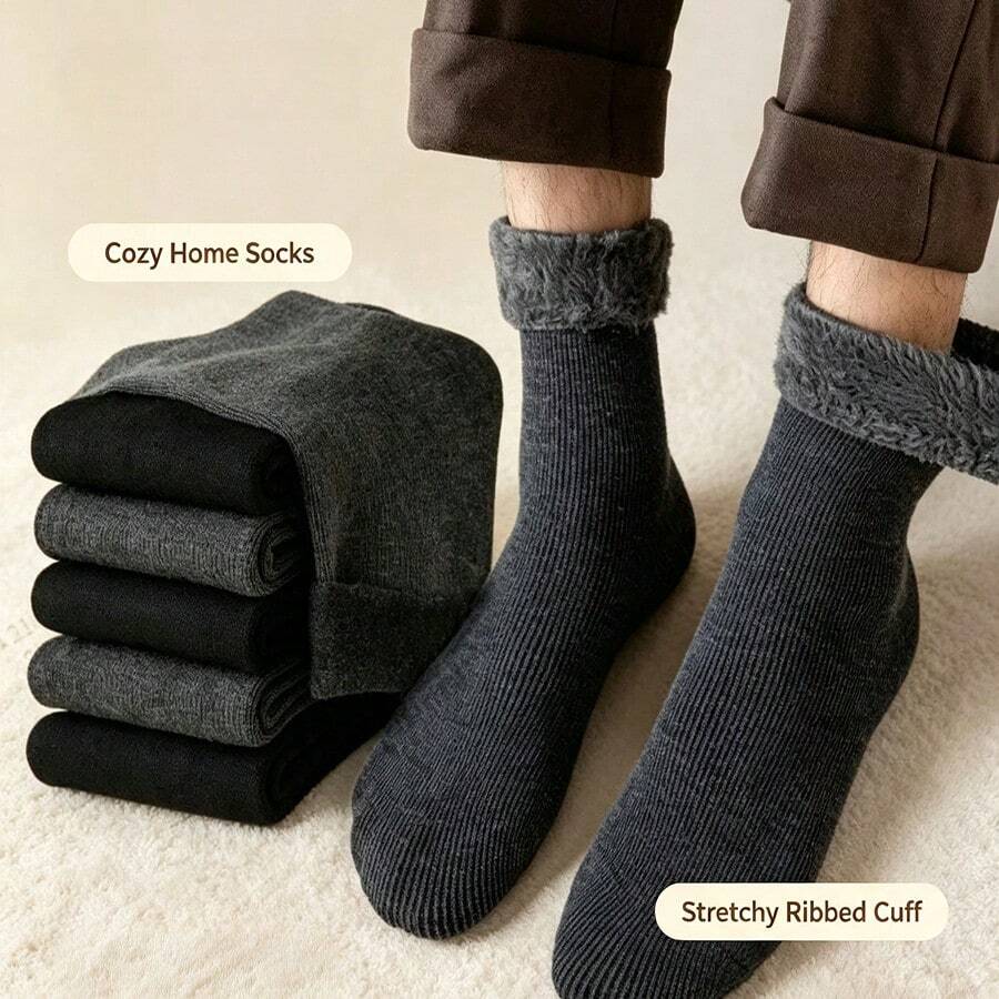 1/5 Pairs Solid Color Minimalist Thick Mid-Calf Socks, Soft Comfortable Neutral Warm Socks, Floor Socks, Casual Warm, Antibacterial Moisture-Absorbing, Suitable For Home Wear - Multicolor - View 1