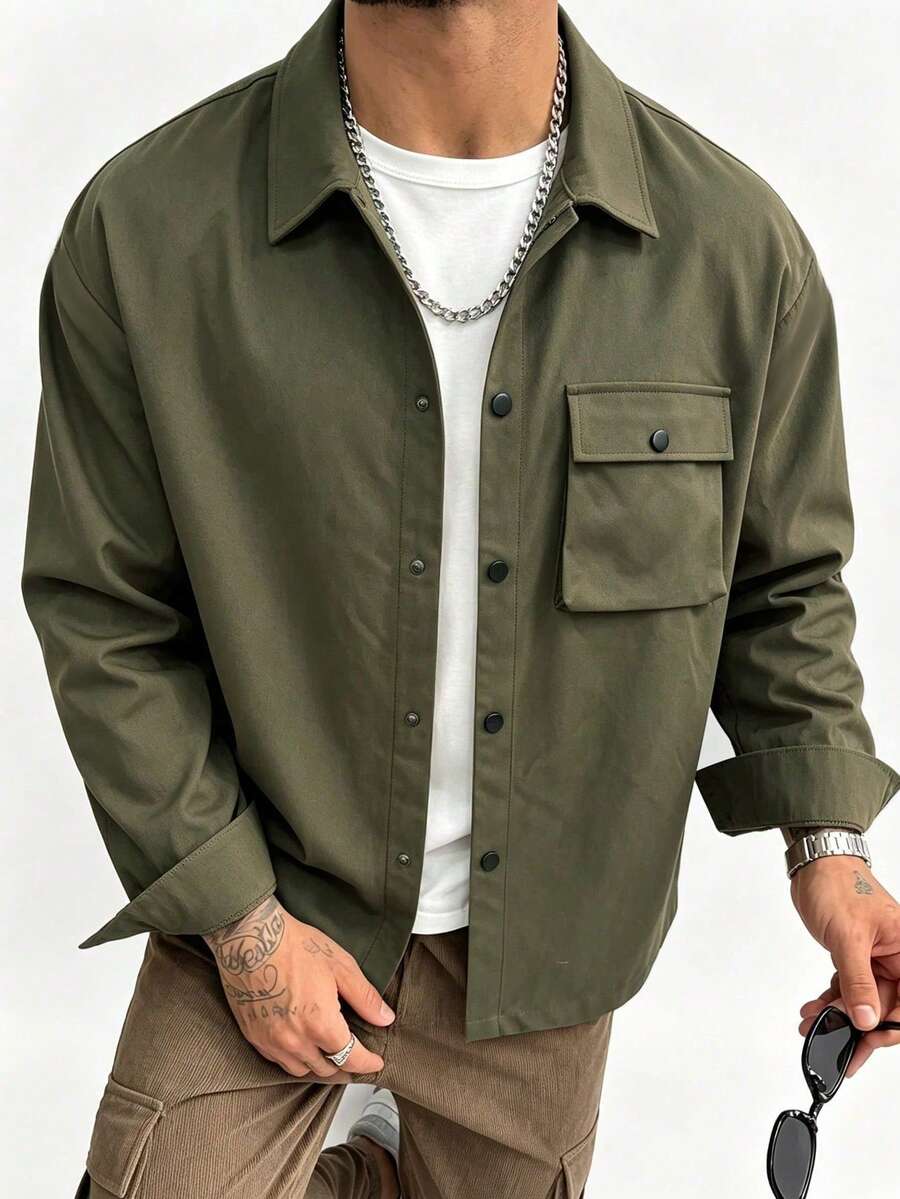 Men's Solid Color Pocket Long Sleeve Jacket With Turn-Down Collar - Army Green - View 1