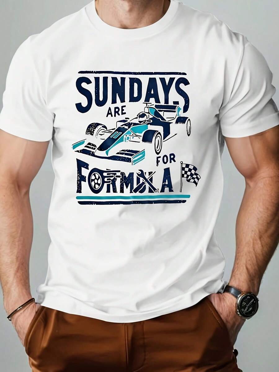Sunday Is A Day For Racing Printed Men'S T-Shirt, Crew Neck, 3D Printed, For Daily Outdoor Use, Short Sleeve, Fashion Designer - 白色 - 查看 1