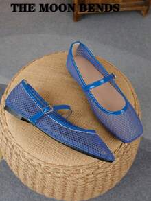 XBYASDF 2026 New Women's Blue Mesh Ballet Square Toe Flat Shoes, Buckle Strap Low Vamp Pumps, French Style Commuter Shoes - Blue - View 2