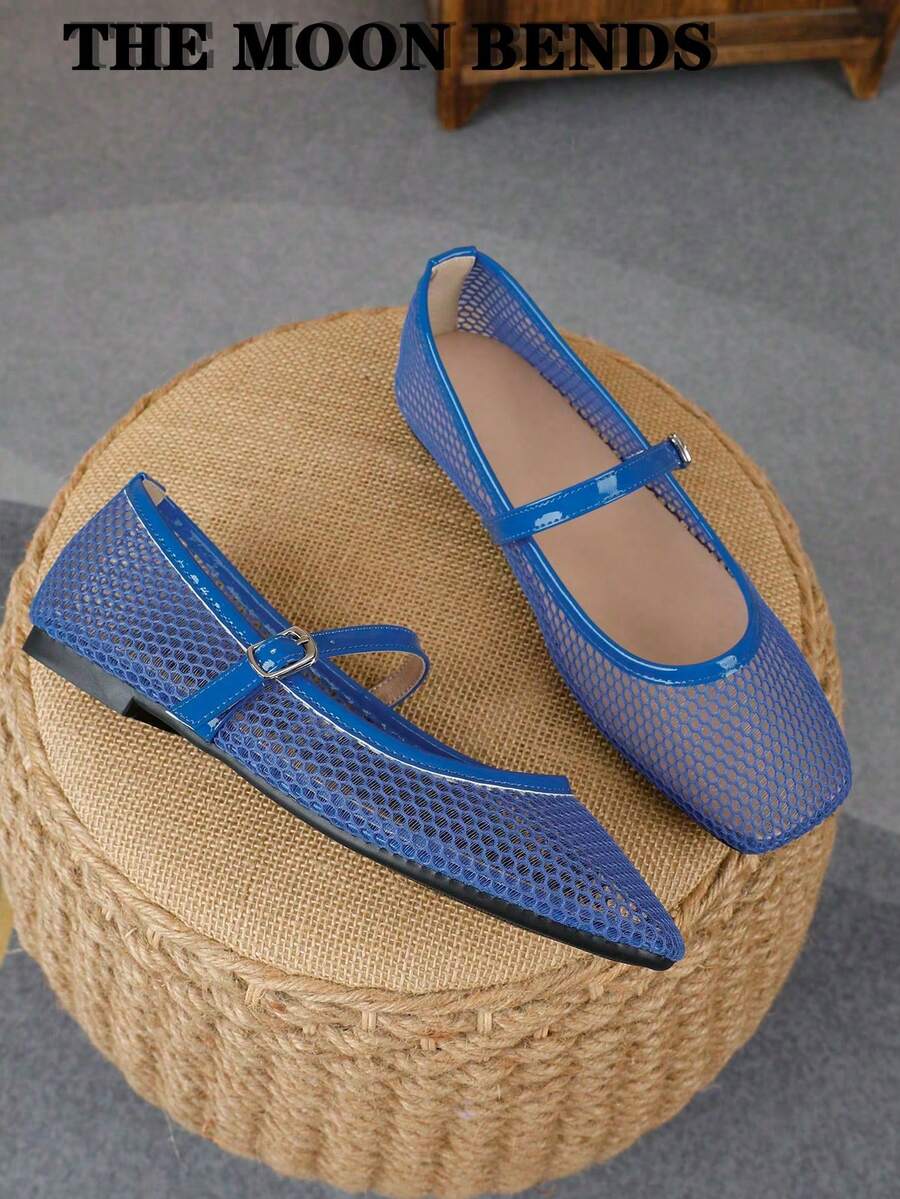 XBYASDF 2026 New Women's Blue Mesh Ballet Square Toe Flat Shoes, Buckle Strap Low Vamp Pumps, French Style Commuter Shoes