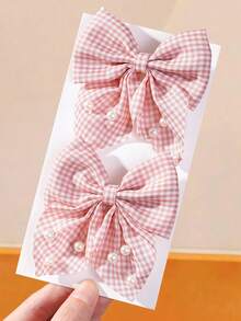 4/1pc Pink Plaid Fabric Pearl Bow Hair Clips Cute Little Princess Hair Accessories Alligator Hair Clips Non-Damaging For Daily Use - Pink - View 4