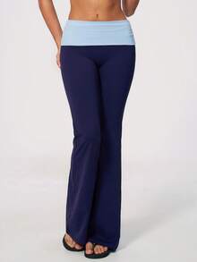 NcmRyu Women's 1pc Colorblock Folded High Waist Waistband Running Gym Yoga Pants With Flared Leg - Navy Blue - View 9