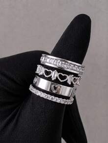 4pcs/Set Fashion Elegant Luxury 18K Gold Plated Stainless Steel Heart Rings, Zirconia Inlaid Women's Ring Set, Suitable For Women's Daily Wear, Anniversary Gift, Wedding, Stackable Jewelry - Ring Set C - View 12