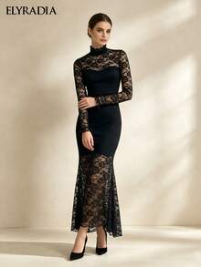 ELYRADIA Elegant Long Black Lace Dress For Fall Fashionable Stand Collar Long Sleeve Bodycon Gown For Work, Formal & Luxury Evening Parties - Black - View 8