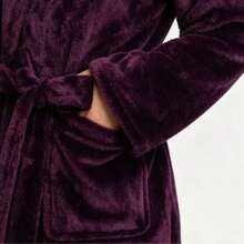 Women's Autumn/Winter Thick Coral Fleece Bathrobe, Long Design, Lapel Collar With Waist Tie, Soft And Warm, With Pockets, Suitable For Home Use As Morning Robe Or Bathrobe - Purple - View 3