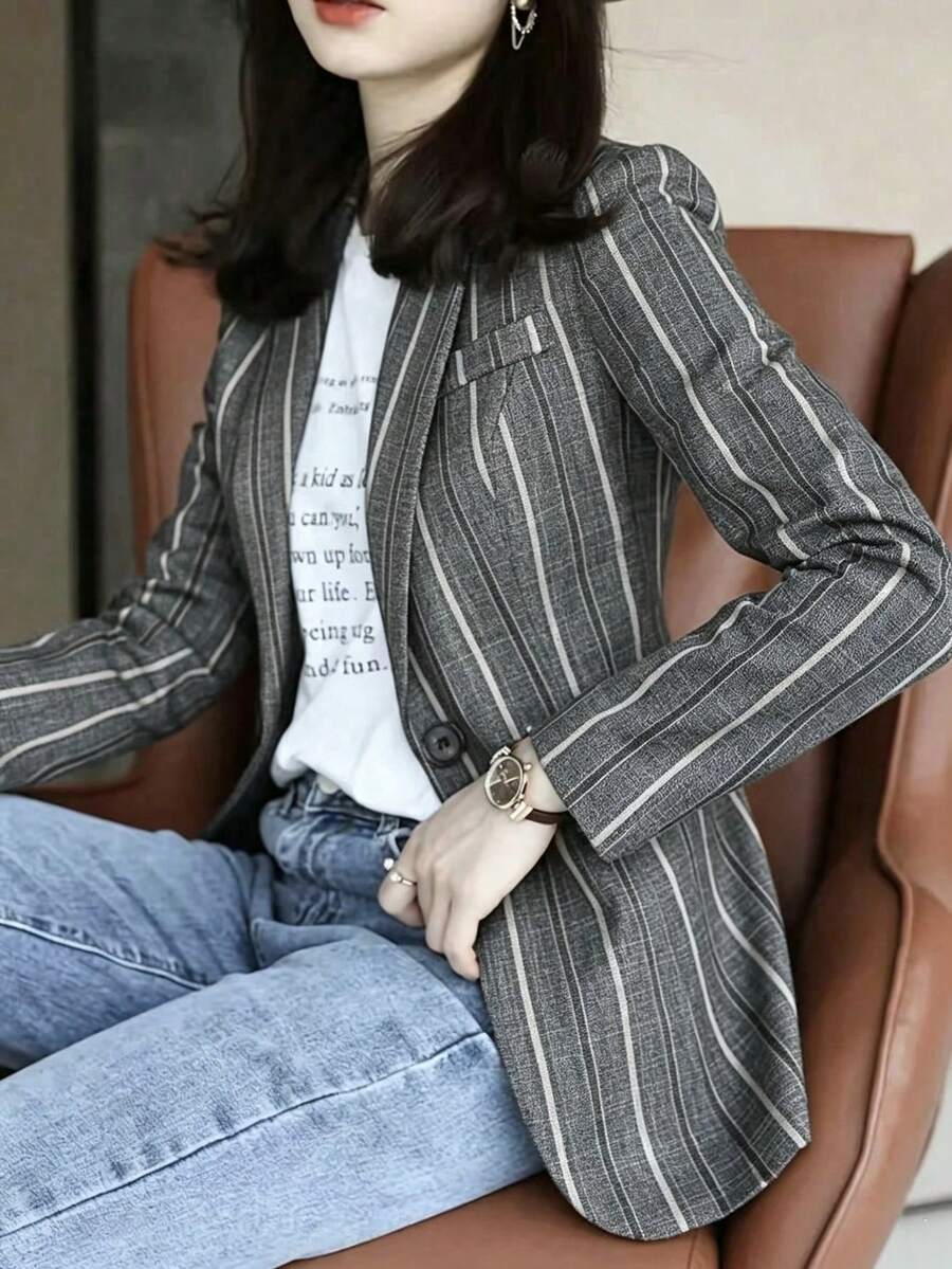 Jaket Blazer Kasual Gaya Korea Elegan Slim Fit Bergaris Vertikal Premium untuk Kembali ke Sekolah Musim Gugur - Grey - View 1