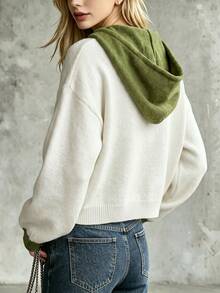 Cardigan Wanita Motif Blok Warna dengan Kancing Depan, Cardigan Rajut Lengan Panjang Kasual, Cocok untuk Pemakaian Sehari-hari di Musim Gugur/Dingin - Putih - View 3